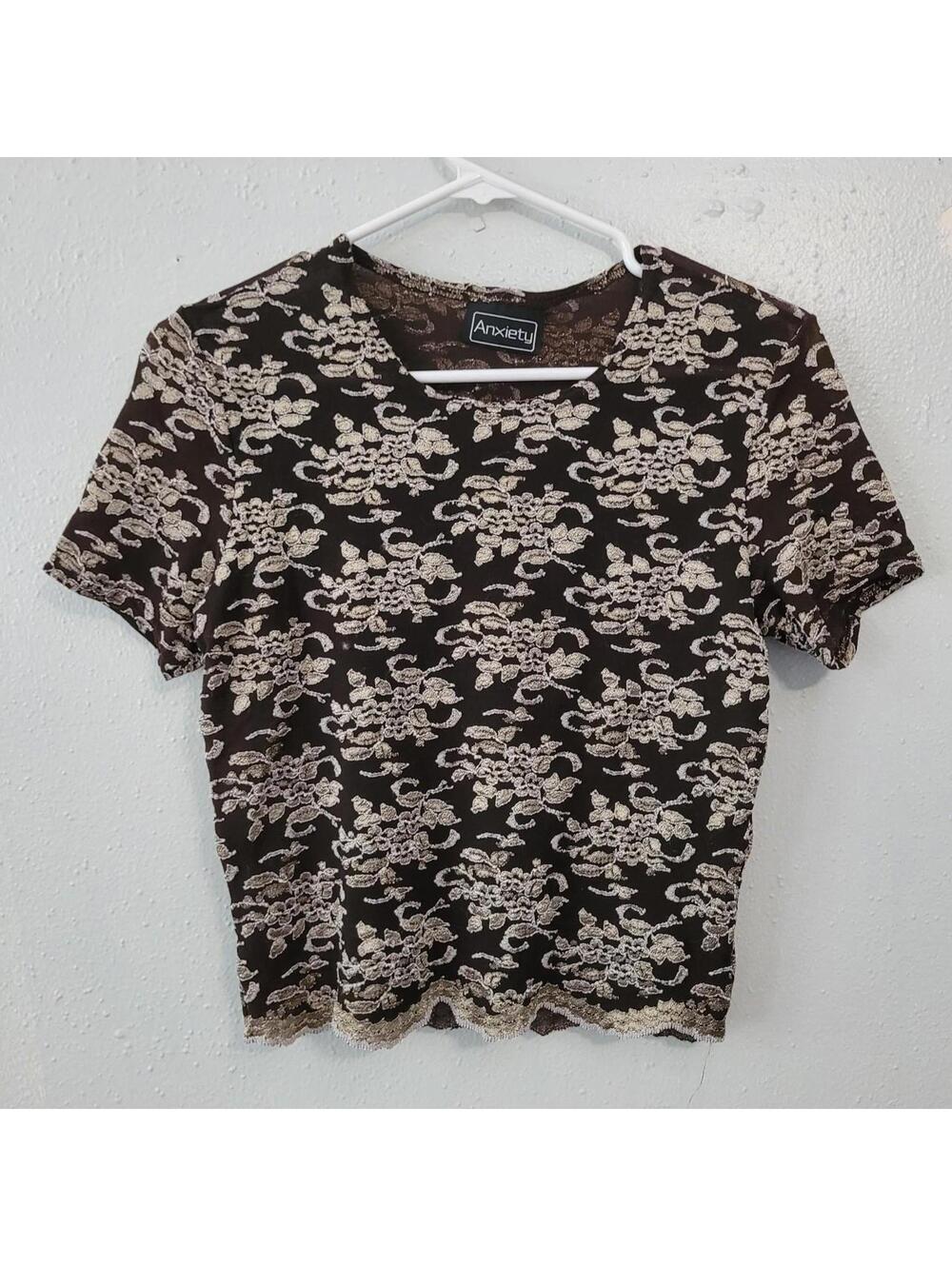 Vintage Y2K Floral Mesh Top by Anxiety – Black & Gold Short Sleeve Shirt